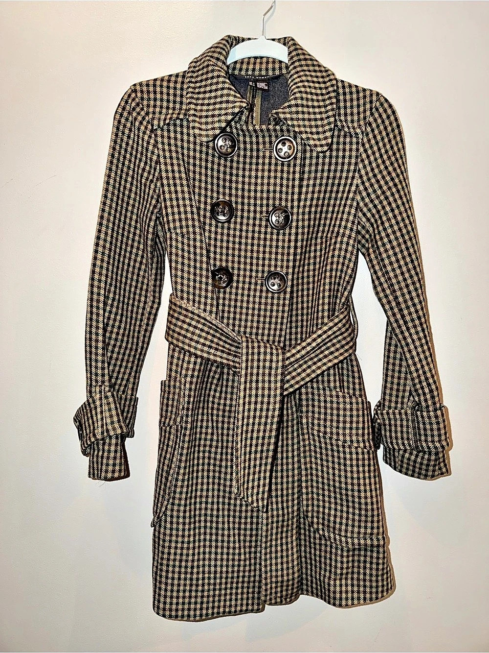 Zara Woman Double-Breasted Houndstooth Trench Coat with Belt size small